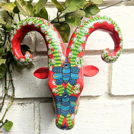 Red Ram Head Handcrafted Wooden Wall Art